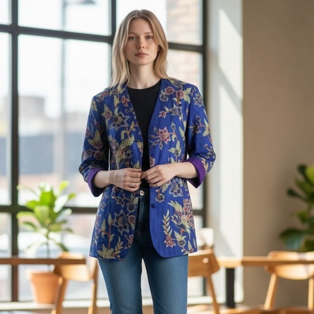 Java Wraps Blazer Women Small Blue Vtg Excellent Batik Floral Bird Cotton Jacket